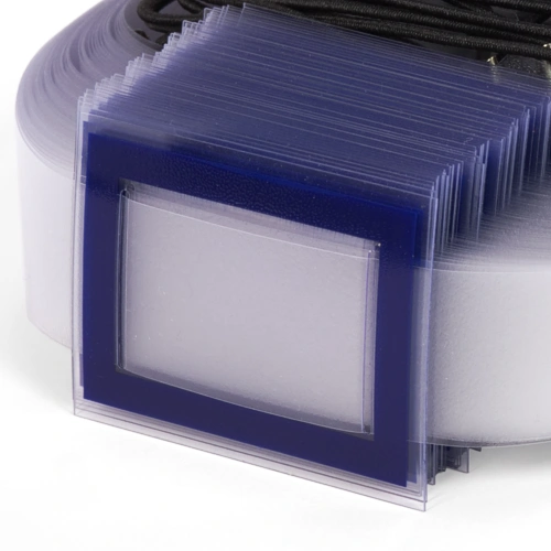 Okienka drukwowane, ramka w kolorze granatowym, pasek 100 µm, gumka tekstylna z metalowymi  końcówkami